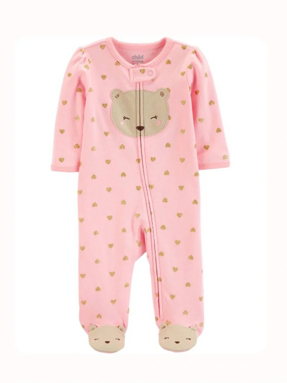 💼2️⃣ child of mine Pink Footed One-Piece with Gold Hearts and Bear Accents